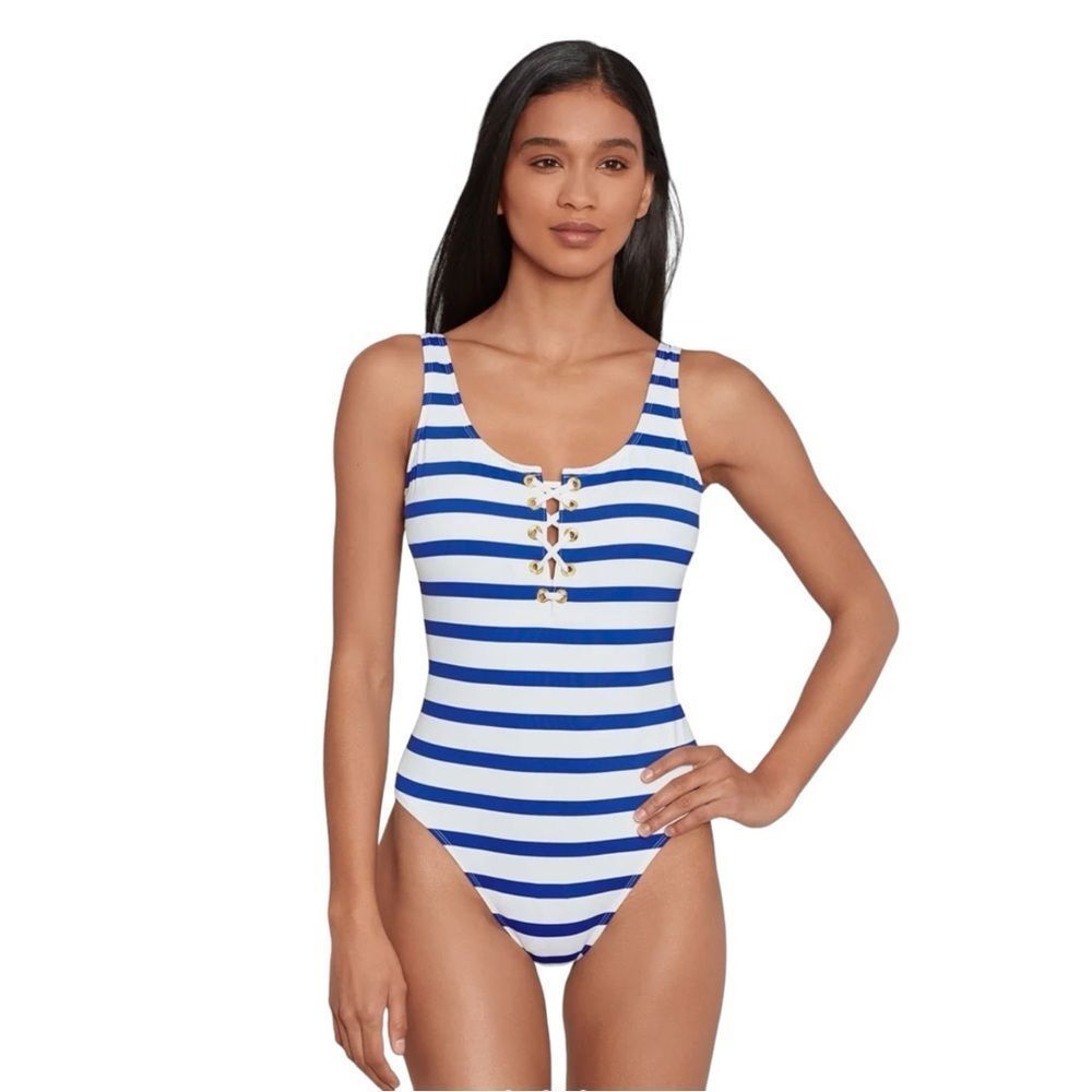 Lauren Ralph Lauren Port Stripe Laced Tank One Piece Swimsuit